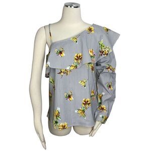 UO Lumiere One Shoulder Floral And Blue Stripe Blouse Size L New